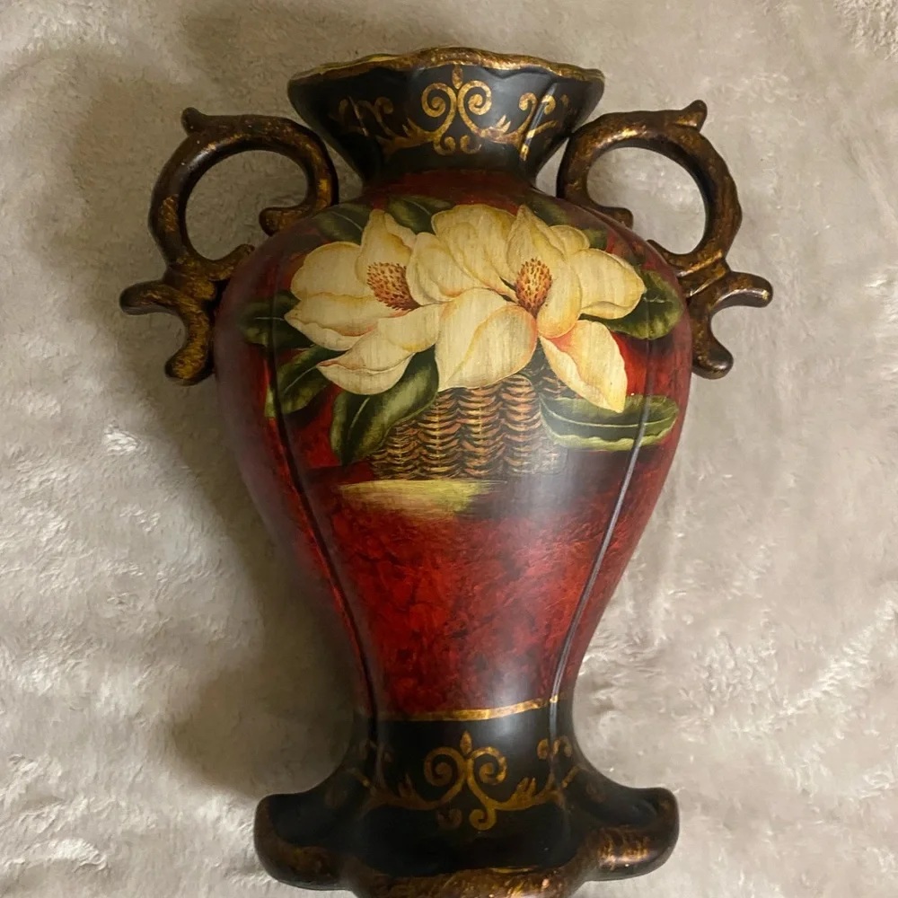 Elegant Red and Gold Floral Vase, pottery/clay/plaster? Great condition